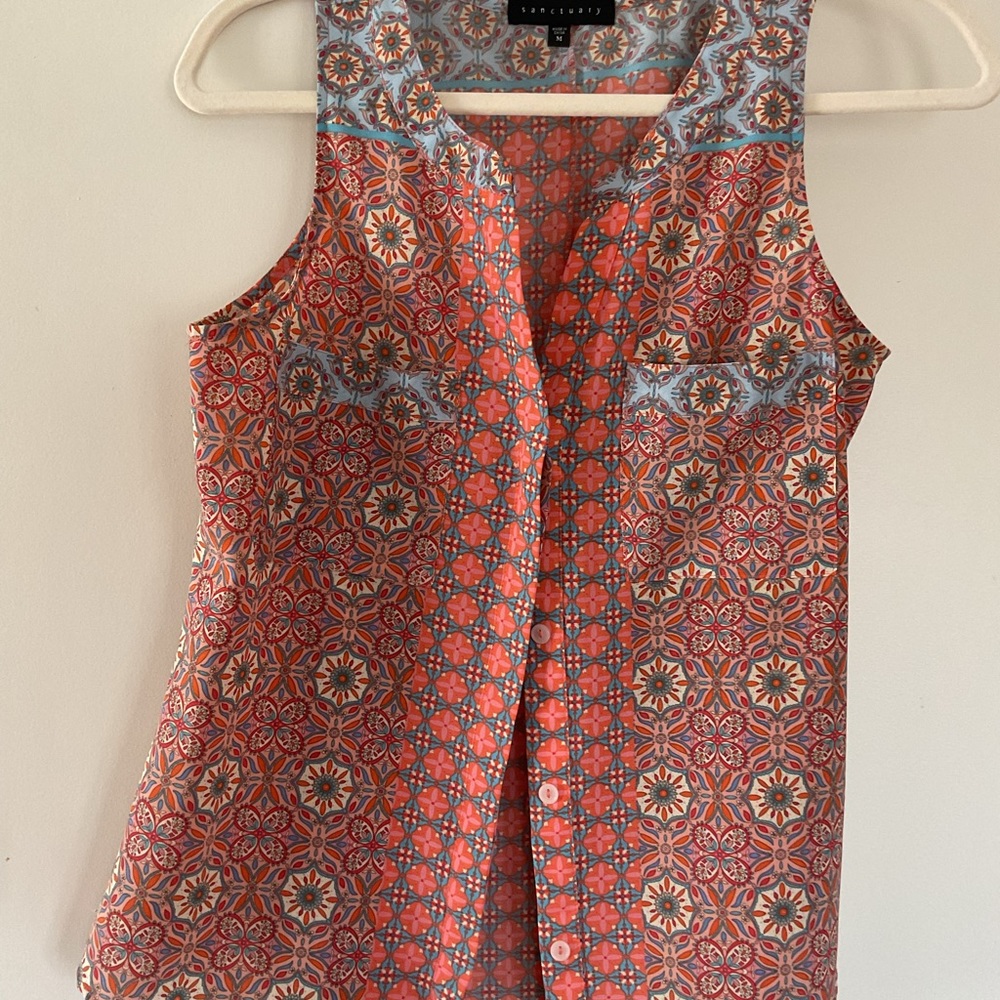 Sanctuary Colorful Button Down Sleeveless Blouse with Tails in the Back